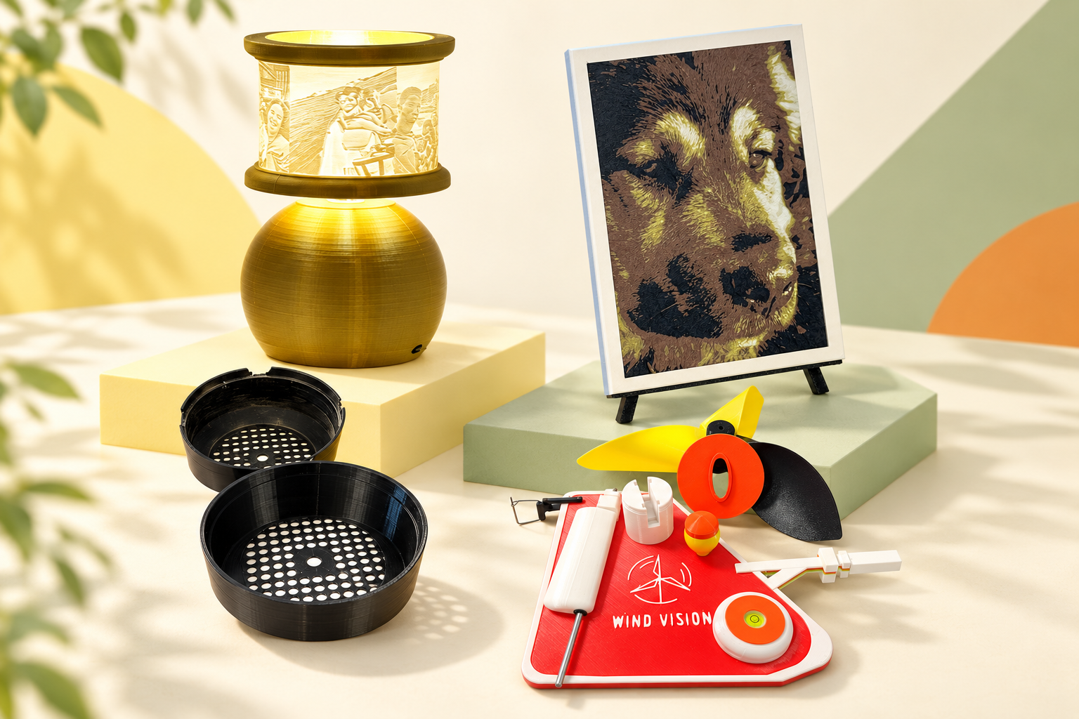 Montage de réalisations JM3D : lampe lithophane, tableau HueForge, caches de ventilation et kit Wind Vision